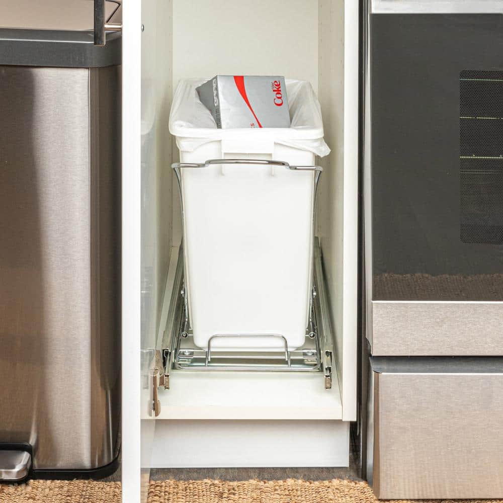 White Plastic Pull-Out Trash Can with Chrome Base