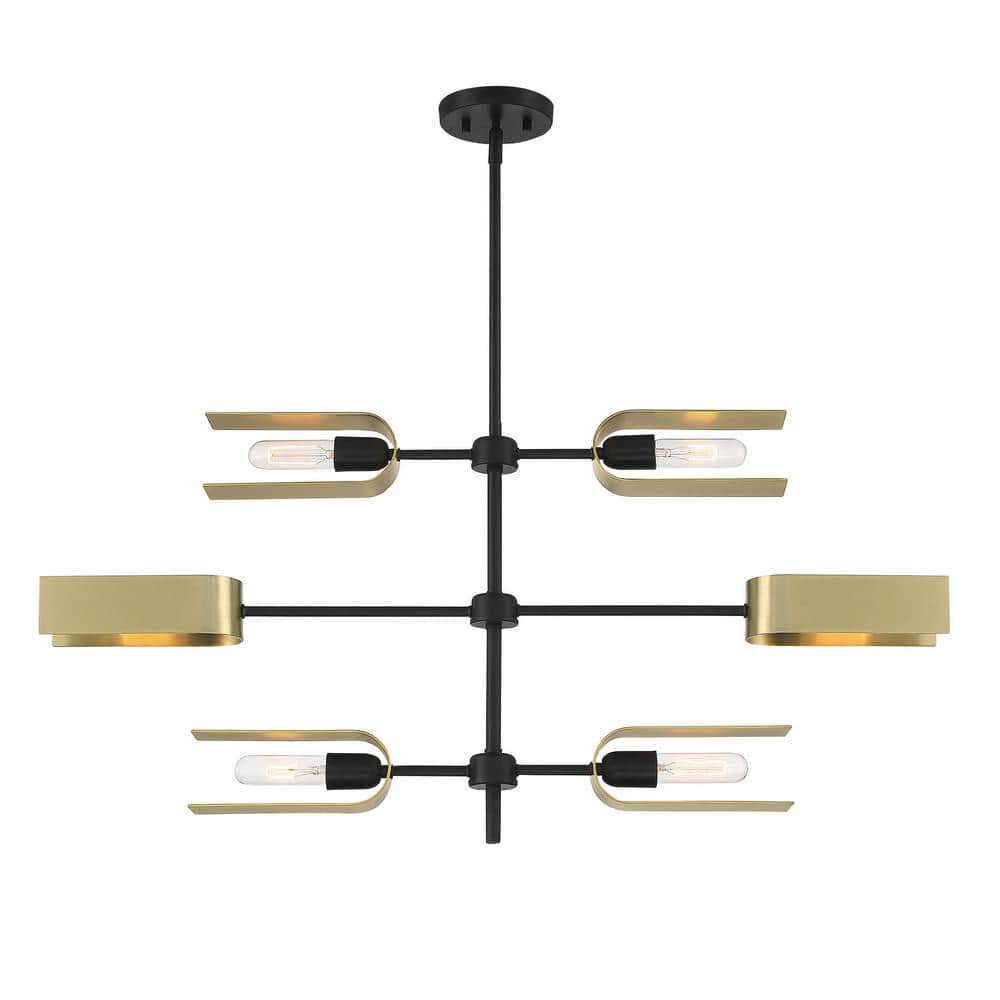 U Turn Sleek Matte Black and Brushed Gold 6-Light Island Pendant