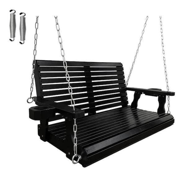 4 ft. Outdoor Wood Porch Swing with Cup Holders, Adjustable Hanging Chains and Spring Hooks, Black