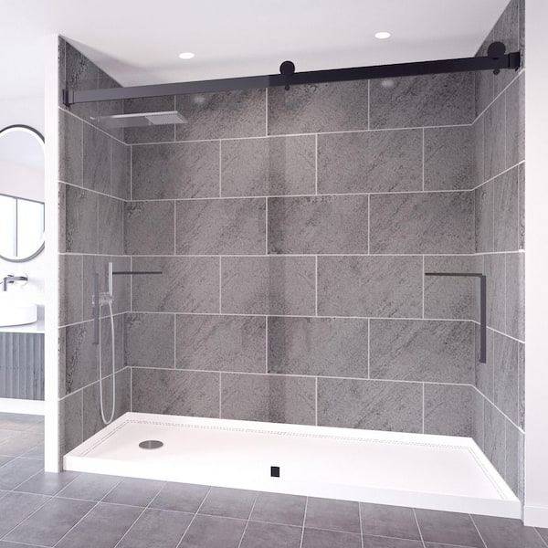 NuVo Slate Grey-Tetherow 60 in. x 32 in. x 99 in. Floor/Ceiling Base/Wall/Door Alcove Shower Stall/Kit Matte Black Left