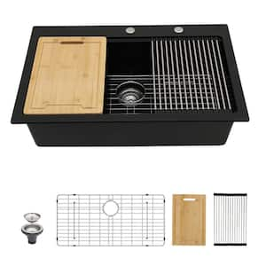 33 in. Drop-in/Top Mount Deep Single Bowl Black Granite Composite Workstation Quartz Kitchen Sink with Bottom Grid