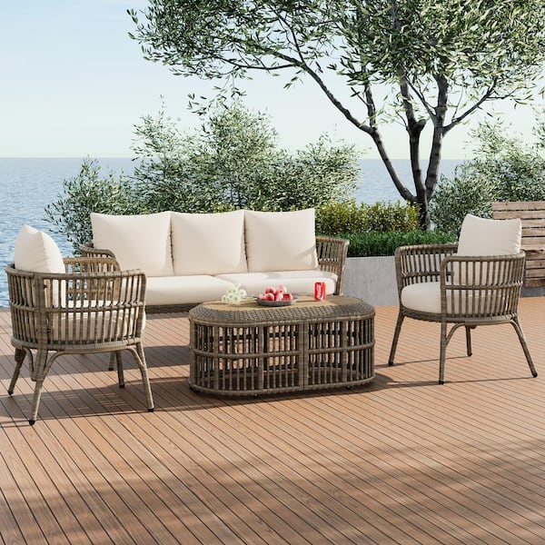 Zeus & Ruta 4-Piece Brown Grey Rattan Wicker Outdoor Conversation Set with Beige Cushions, Coffee Table for Porch, Backyard, Garden