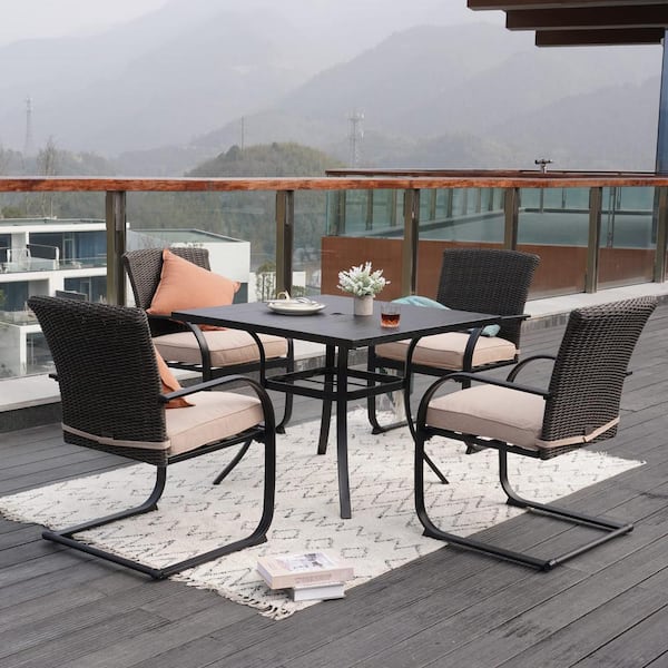 Semi-Aluminum Steel Outdoor Square Dining Table with Grooved Wood Grain Tabletop and Umbrella Hole