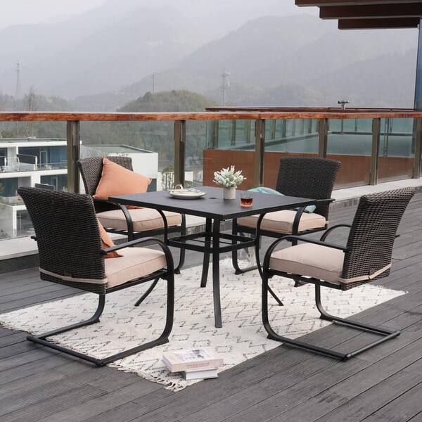 Semi-Aluminum Steel Outdoor Square Dining Table with Grooved Wood Grain Tabletop, Umbrella Hole and Adjustable Foot Pads