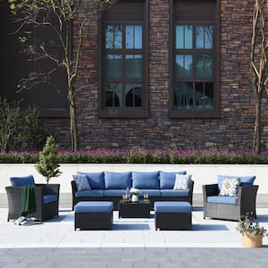 Rimaru 9-Piece Wicker Outdoor Patio Conversation Seating Set With Blue Cushions