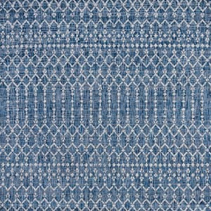 Ourika Moroccan Geometric Textured Weave Navy/Light Gray 5' Square Indoor/Outdoor Area Rug