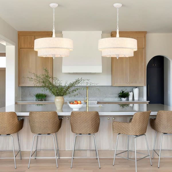 5 light 21.26" Distressed White Two Tiered Drum Chandelier With Fabric Shade for Dining Room with no bulbs included