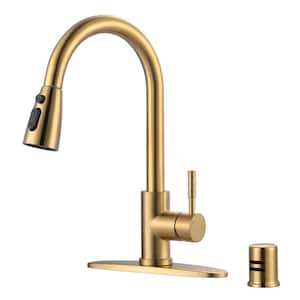 Single Handle Pull Down Sprayer Kitchen Faucet Stainless Steel with Deck Plate and Air Gap Kit in Brushed Gold