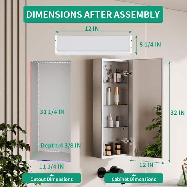GroGro 12 in. W x 32 in. H Rectangular Aluminum Recessed/Surface Mount Single Medicine Cabinet with Mirror