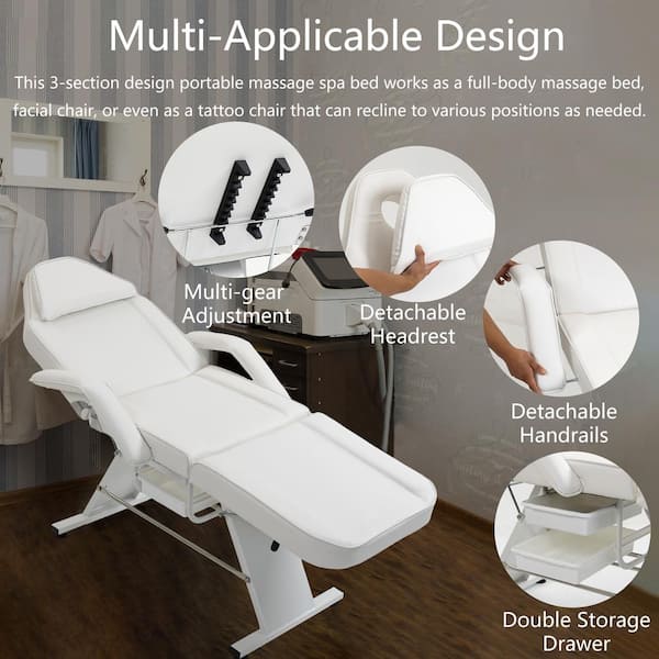 CSC DECOR INC Professional Massage Spa Salon Bed Chair, Folding Lash Bed  with Hydraulic Stool Adjustable Facial Chair Bed in White ZT-W1422132171