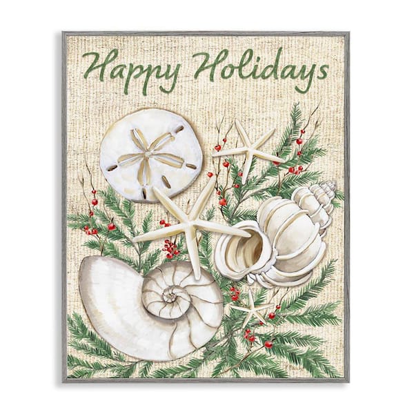 Stupell Industries Festive Seashells and Holly by Paul Brent Gray Framed Typography Giclee Art Print 30 in. x 24 in.