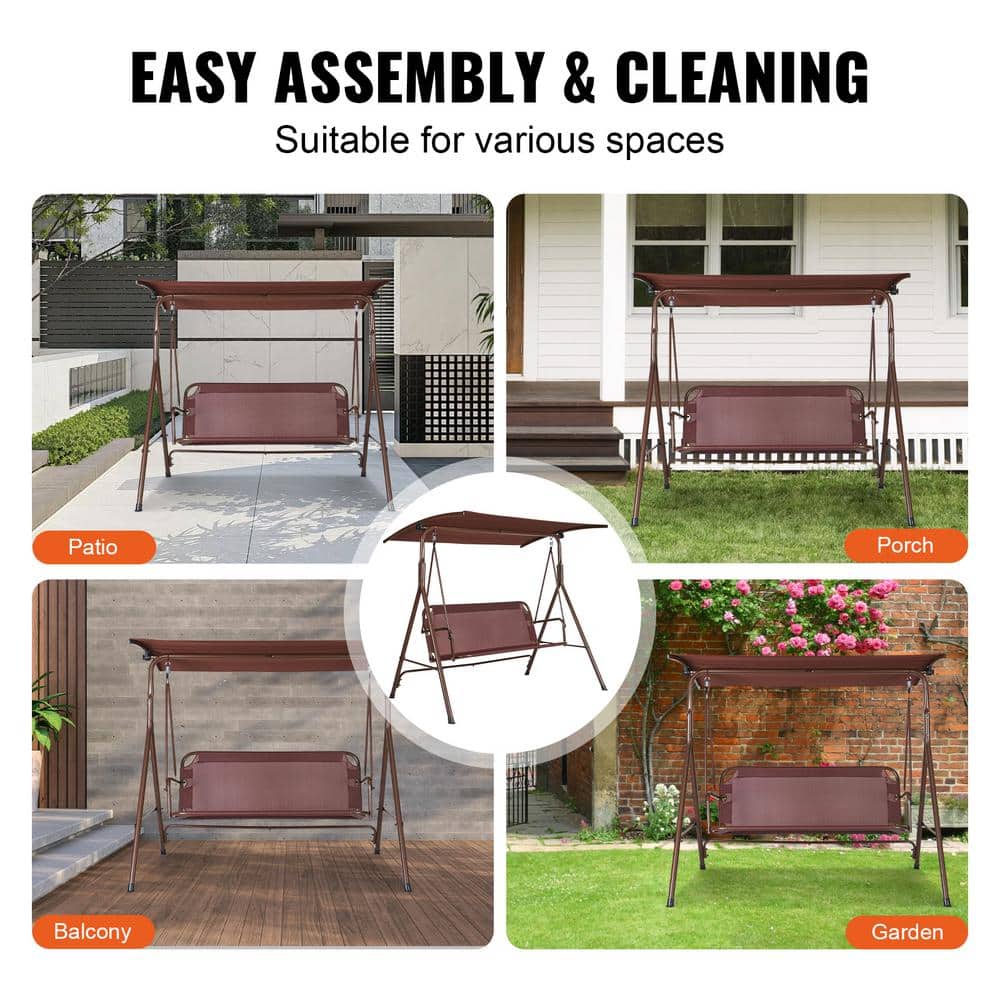 Brown 3-Person Alloy Steel Patio Swing with Adjustable Canopy