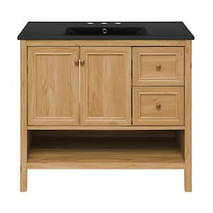 Chateau 36 in. Bathroom Vanity in Brown Oak with Black, 3-Hole Ceramic Sink Top