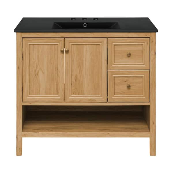 Chateau 36 in. Brown Oak Bathroom Vanity With Black, 3-Hole Ceramic Sink Top