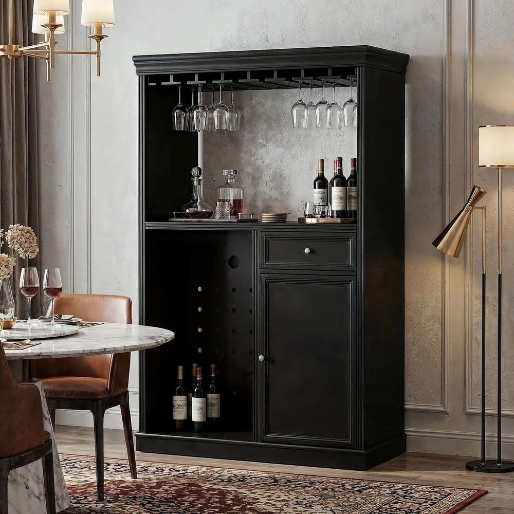 12-Bottle Midnight Black 39.4 in. W Wine Cabinet with Wine Glass Rack, Drawer, Enclosed Cabinet, Wine Fridge Space