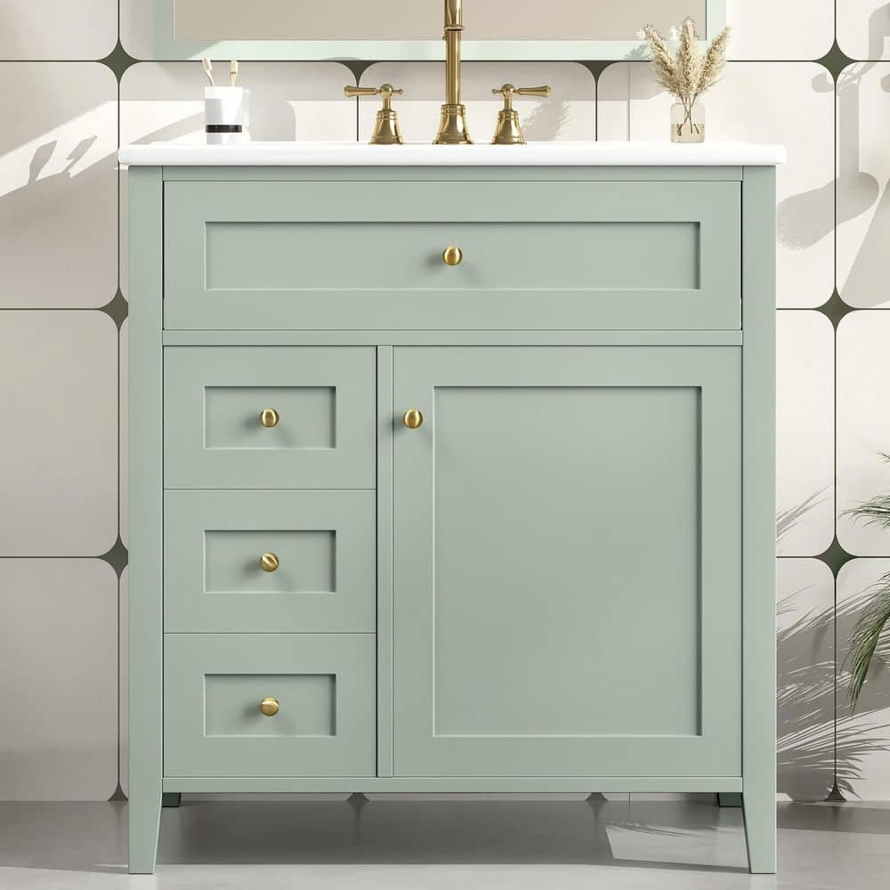 30 in. Single Sink Freestanding Green Bath Vanity with White Ceramic Sink Top, Storage Cabinet with Adjustable Shelf price history on PriceWatchPro