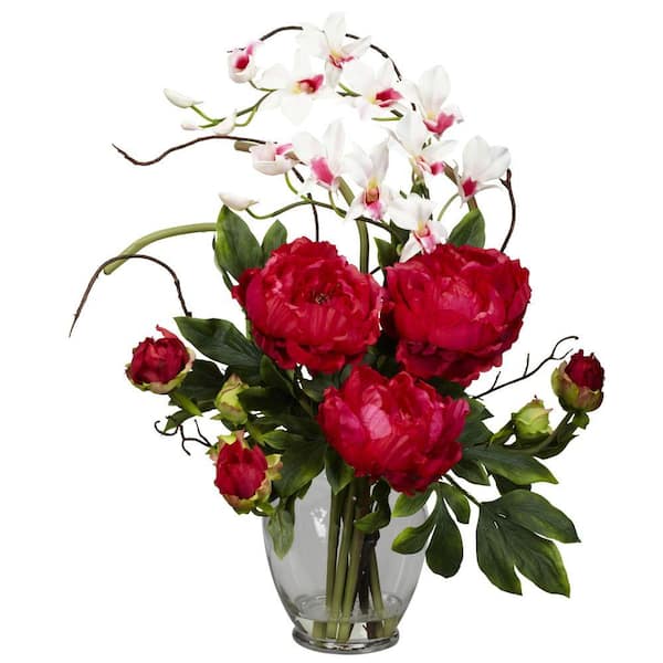 Nearly Natural 21.5 in. Artificial H Red Peony and Orchid Silk Flower Arrangement