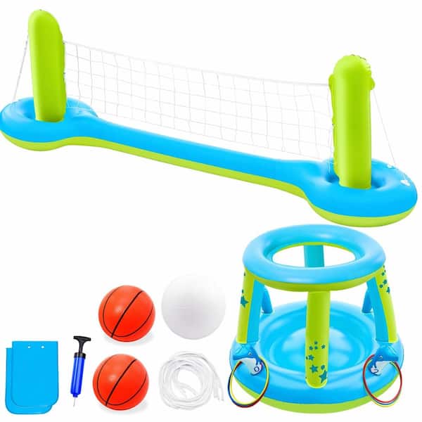 3-in-1 Blue and Yellow Inflatable Pool Float Games Set with Volleyball Net Basketball Hoop Ring Toss Floats