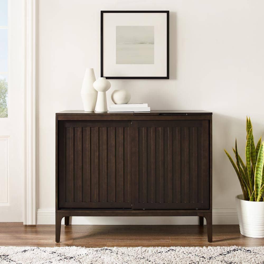 Sleek Dark Brown Slatted Media Console with Record Storage