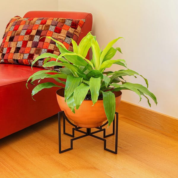 16in.W x 13.25in.H, Round Burnt Sienna Galvanized Steel Planter Bowl W Black Wrought Iron Plant Stand Indoor Outdoor Use