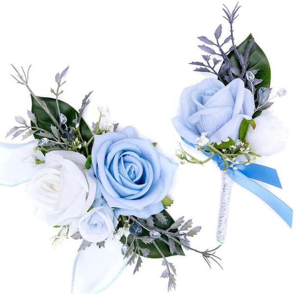 Afoxsos 6.3 in. H Blue Corsage and Boutonniere Set for Weddings, Proms, and Parties
