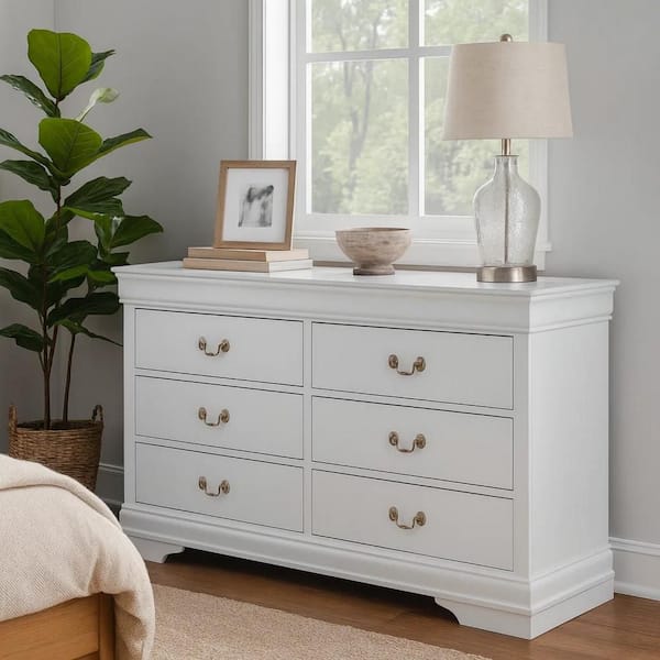 57.3 in. White 6-Drawer Wooden Dresser Without Mirror