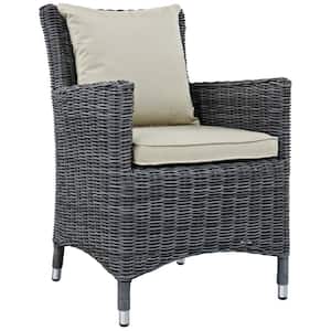 Summon Patio Wicker Outdoor Dining Chair with Sunbrella Antique Canvas Beige Cushions