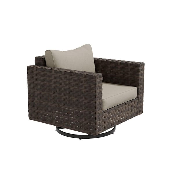 All-Weather Wicker Swivel Outdoor Rocking Chair-Brown Frame with Beige Cushions (1-Piece)