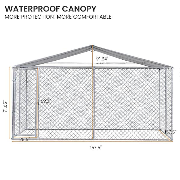 Tunearary 157 in. x 157 in. x 71.65 in., Outdoor Walk-In Wrought Iron Dog Crate, Slanted Top with Waterproof Cover, Silver