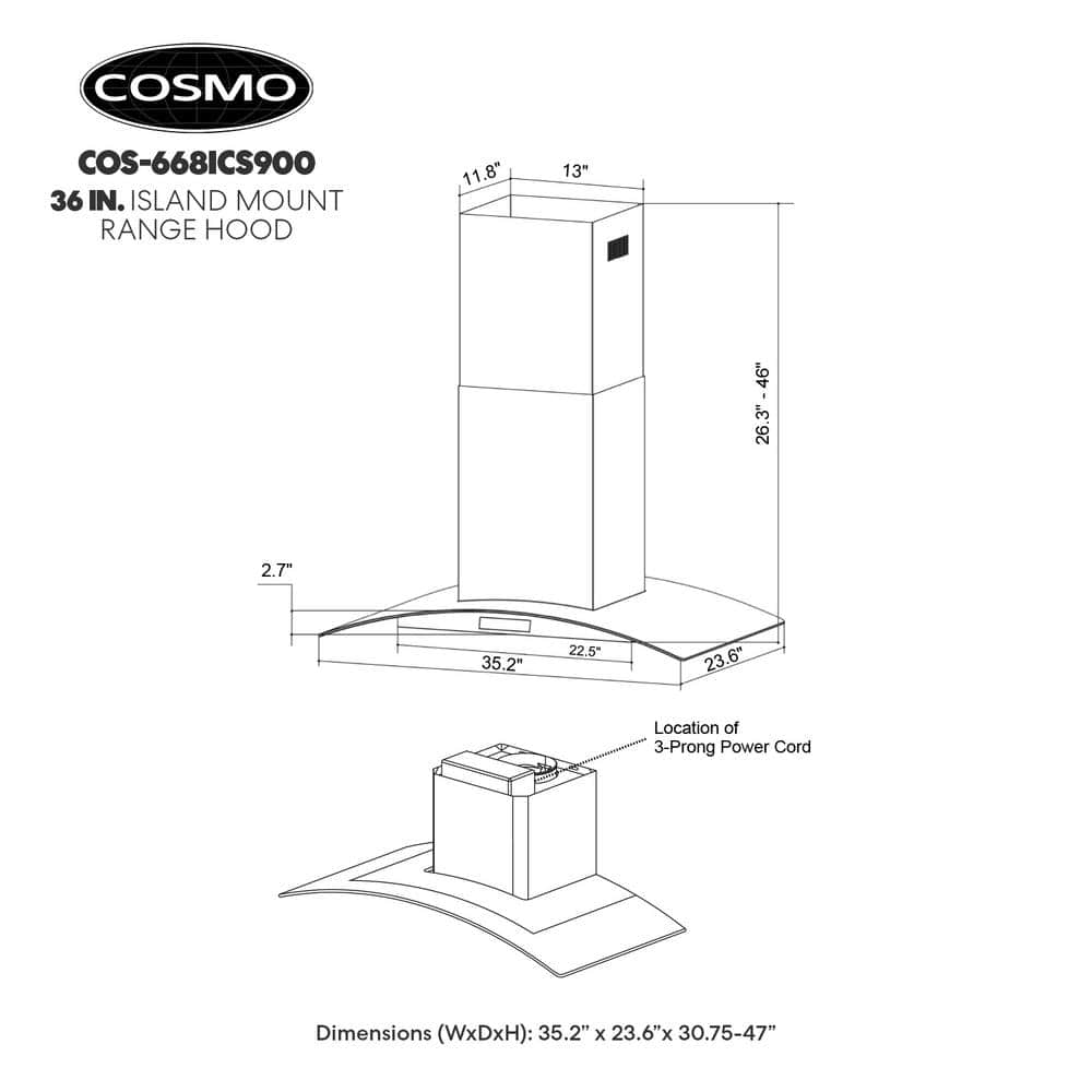 Cosmo 36" Stainless Steel Convertible Island Range Hood with LED Lighting