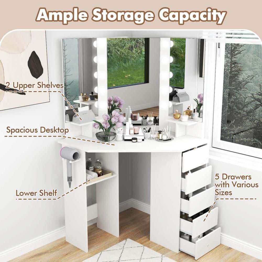 1-Piece White Corner Makeup Vanity Desk Cosmetic Vanity Station with LED Mirror and Power Outlets - thumbnail 6