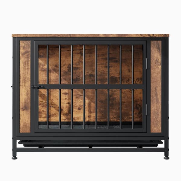 Tunearary 33 in. Outdoor Solid Wood Dual-Door Dog House, Wooden End Table, with 2 Sliding Doors and Thick Iron Door Frame
