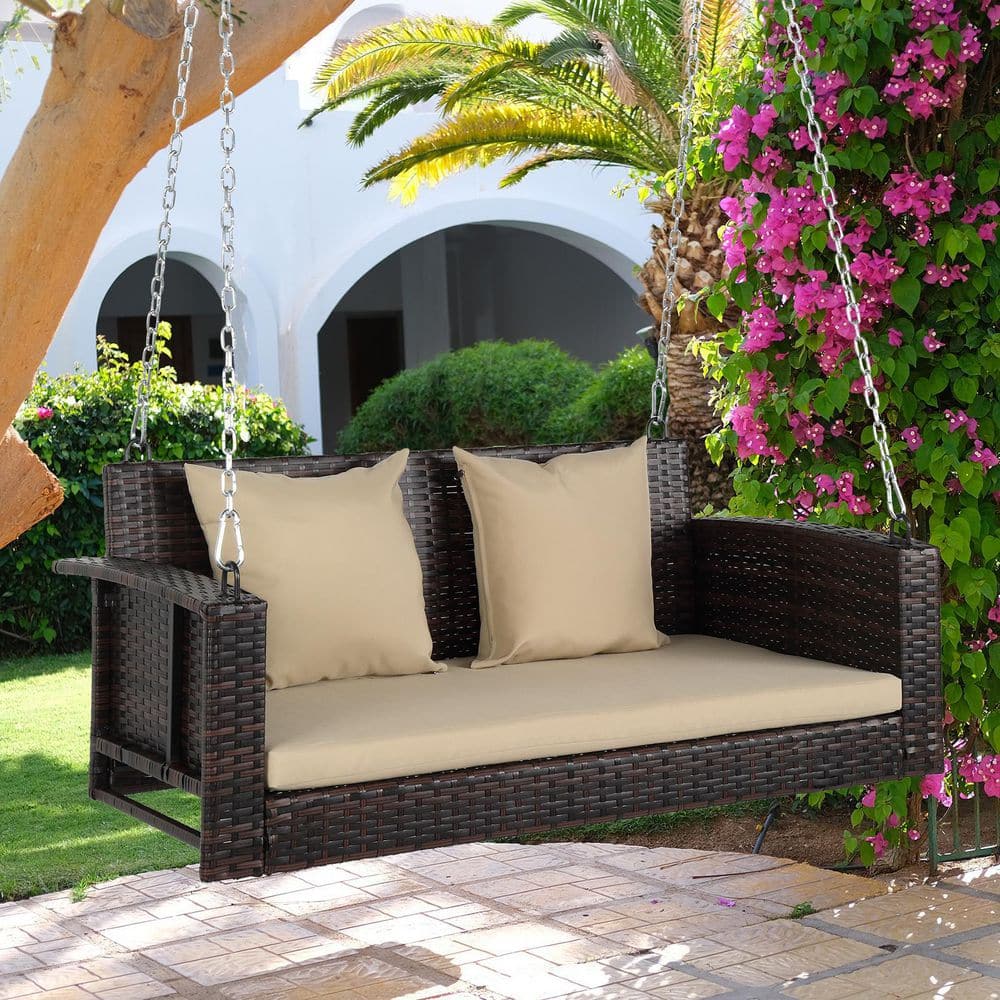Brown Wicker Steel Porch Swing with Beige Cushions