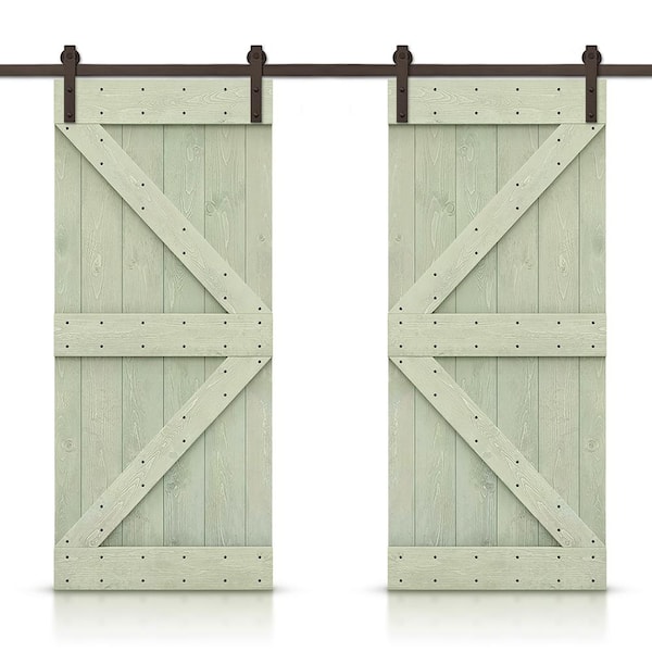 CALHOME K Series 60 in. x 84 in. Pre-Assembled Sage Green Stained Wood Interior Double Sliding Barn Door with Hardware Kit