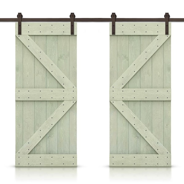 CALHOME 72 in. x 84 in. K Series Sage Green Stained Solid Knotty Pine Wood Interior Double Sliding Barn Door with Hardware Kit
