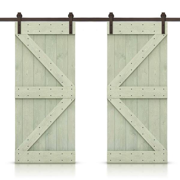 CALHOME 84 in. x 84 in. K Series Sage Green Stained Solid Knotty Pine Wood Interior Double Sliding Barn Door with Hardware Kit
