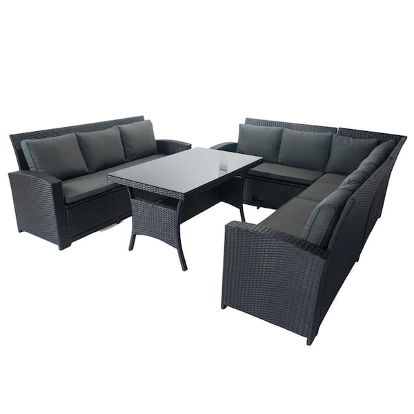 Sudzendf Black 5-Piece Wicker Outdoor Sectional Set Patio Conversation Set with 3 Storage Under Seat and Dark Gray Cushions