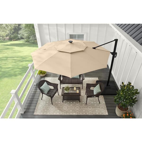 11 ft. Aluminum Cantilever Solar LED Offset Patio Umbrella in Putty Beige