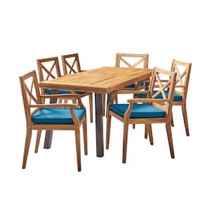 Juniper Teak Brown 7-Piece Wood Outdoor Dining Set with Blue Cushions