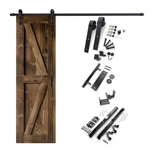 30 in. x 84 in. K-Frame Walnut Solid Pine Wood Interior Sliding Barn Door with Hardware Kit, Non-Bypass