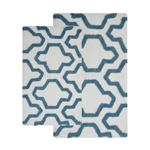 24 in. x 17 in. and 34 in. x 21 in. 2-Piece Cotton Bath Rug Set in White and Arctic Blue