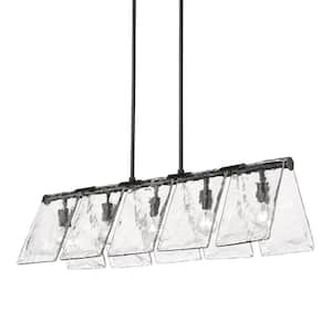 Serenity 5 Light Matte Black Linear Pendant Light with Hammered Water Glass Shade