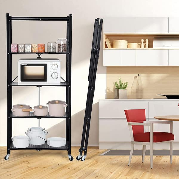5-Tier Heavy Duty Foldable Metal Rack Storage Shelving Unit with Wheels Moving Easily for Garage Kitchen in Black