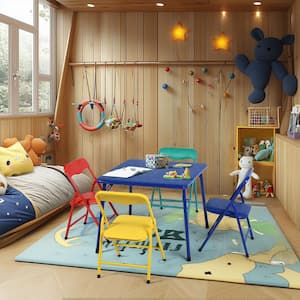 Page Color 5-Piece Folding Plastic Kids Square Table Top and 4-Chairs Set, Multicolor and Writing Desk Set