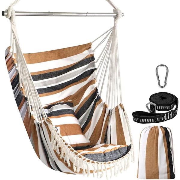 Hammock Chair Hanging Seat 2-Pillows Included, Durable Stainless Steel Spreader Bar Portable Hanging Chair, Brown