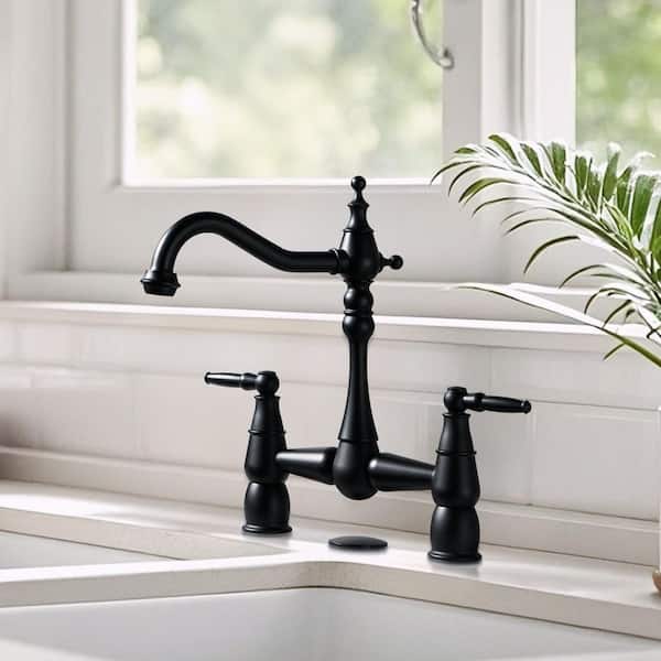 Vintage 2-Handle High Arc Bridge Kitchen Faucet Hole Cover in Matte Black