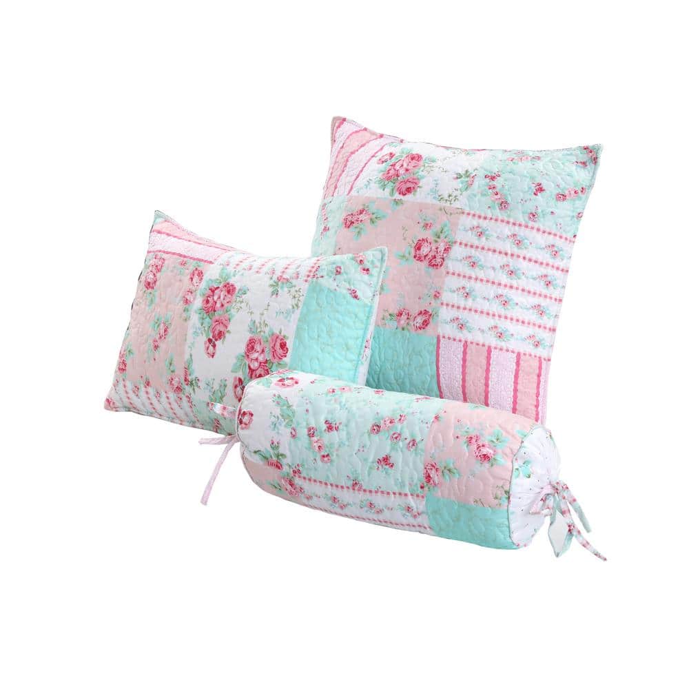 Floral Pink and Blue Polyester 3-Piece Throw Pillow Set