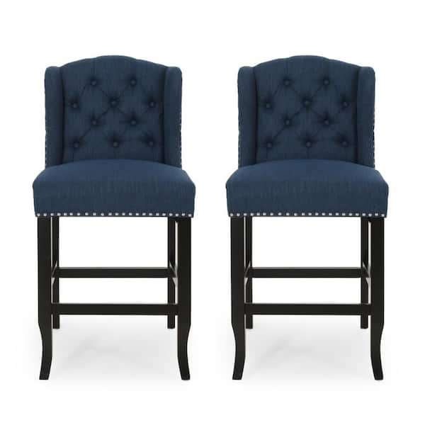 Counter Navy Blue, Brown and Copper Wood Frame Height Chair with Cushion (Set of 2)