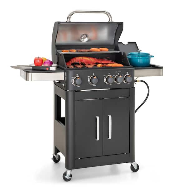 PHI VILLA 4-Burner Propane Gas Grill and Griddle Combo in Black with Cooking Grates Plate and Side Burner