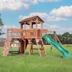 Sterling Point Outdoor Playground Set w/ Elevated Clubhouse, Balcony, Web Swing, Swing Set, and Green Wave Slide